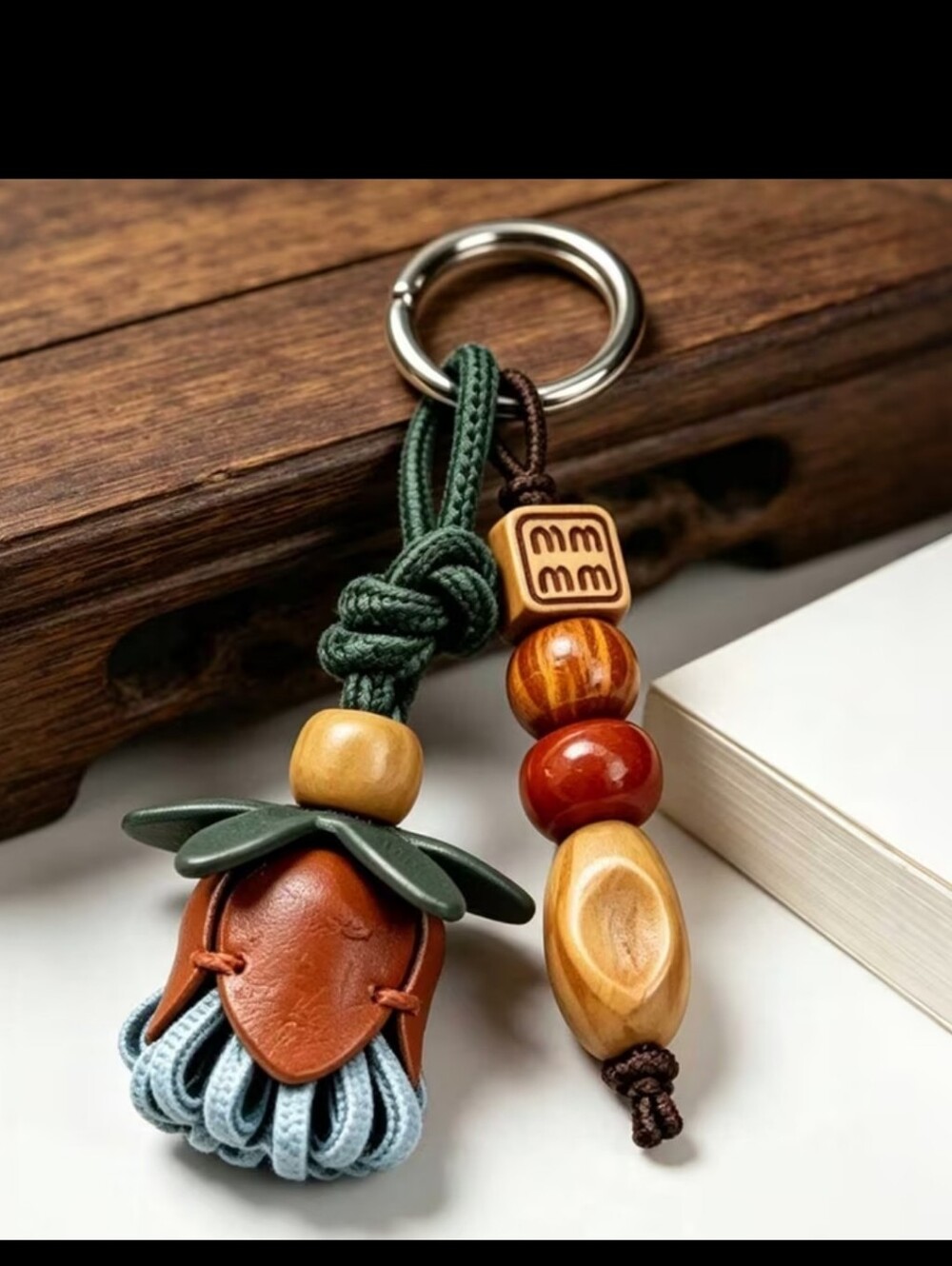Handcrafted Green & Brown Leather Bead Keychain for Men